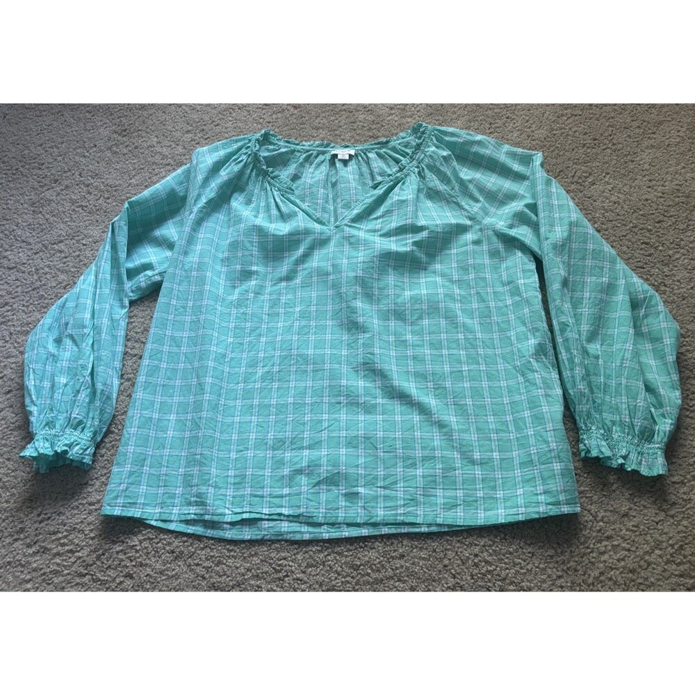J Crew Top Women M Mint White Check V Neck Flowy Boho Comfy Lightweight